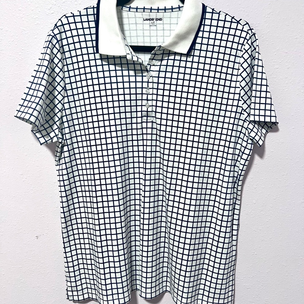 Lands' End Black and White‎ Polo Shirt with Gingham Pattern LARGE